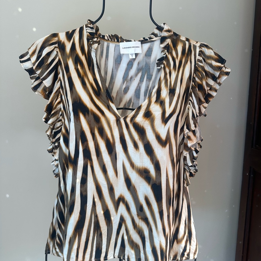 Lavender Brown Zebra Print Ruffle Blouse
